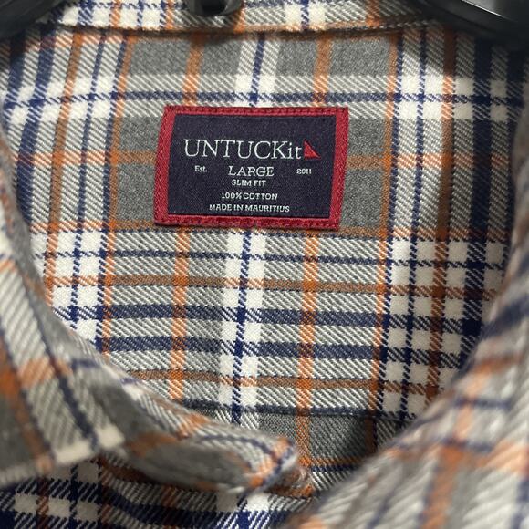 UnTuckit Flannel Shirt Mens Large Slim Fit Brown Gray Plaid Button Up Quenterra - Picture 2 of 8
